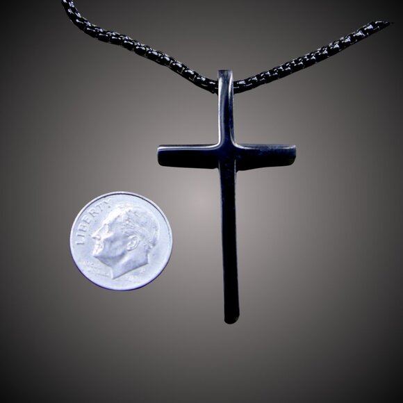 Black Titanium Steel Cross † on Black Stainless Steel Box Chain Necklace - Picture 4 of 8